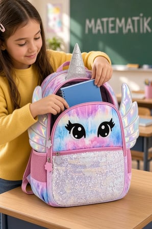 Kız Çocuk İlkokul Sırt Çantası Unicorn Pembe Mavi Kanatlı Boynuzlu Pullu Model 40 x 30 x 15 cm