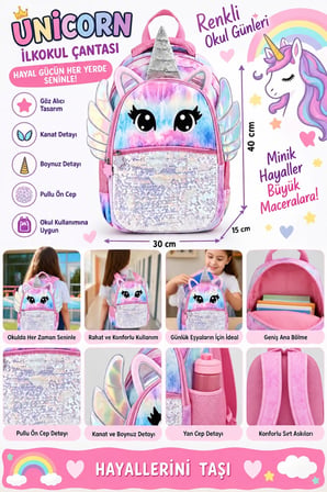 Kız Çocuk İlkokul Sırt Çantası Unicorn Pembe Mavi Kanatlı Boynuzlu Pullu Model 40 x 30 x 15 cm