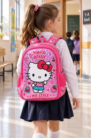 Hello Kitty İlkokul Çantası Lüks Ergonomik Ayarlanabilir Askılı Matara Cepli 40 x 27 x 15 cm