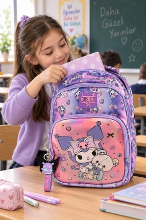 Kuromi Lisanslı Çocuk İlkokul Çantası Mor 3 Gözlü Okul İçin Sırt Çantası Modeli 40 x 28 x 15 cm
