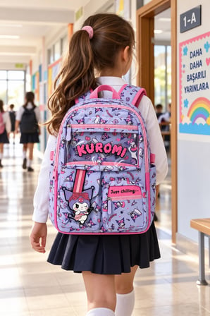Kuromi Kız Çocuk İlkokul Çantası Pembe Lila 3 Gözlü Renkli Okul Sırt Çantası 42 x 27 x 15 cm