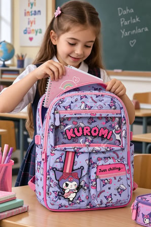 Kuromi Kız Çocuk İlkokul Çantası Pembe Lila 3 Gözlü Renkli Okul Sırt Çantası 42 x 27 x 15 cm