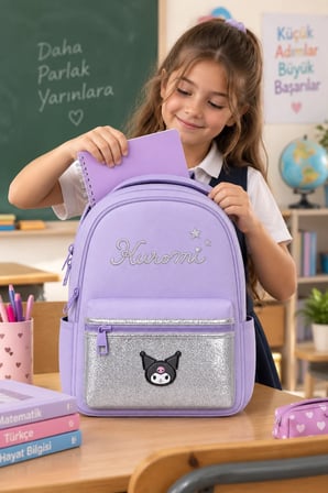 Kuromi Kız Çocuk İlkokul Çantası Lila Fermuarlı Ön Cepli Okul Sırt Çantası 42 x 28 x 15 cm