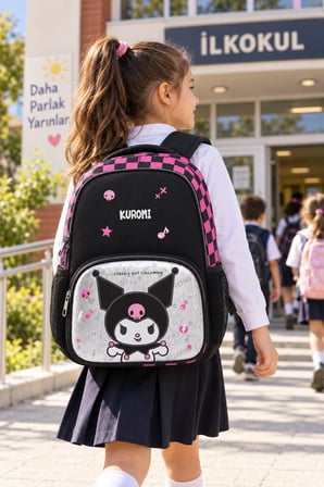 Kuromi Kız Çocuk İlkokul Çantası Siyah Su Geçirmeyen 3 Bölmeli 2 Matara Cepli 41 x 28 x 15 cm