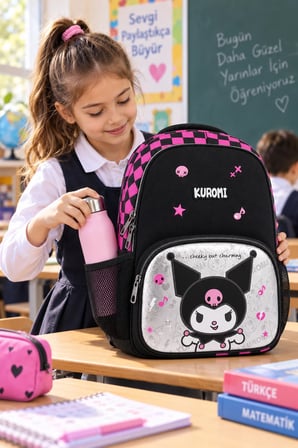 Kuromi Kız Çocuk İlkokul Çantası Siyah Su Geçirmeyen 3 Bölmeli 2 Matara Cepli 41 x 28 x 15 cm