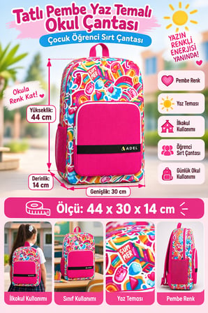 Tatlı Pembe Yaz Temalı İlkokul Okul Çantası Çocuk Öğrenci Sırt Çantası Günlük 44 x 30 x 14