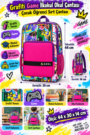 Grafiti Game İlkokul Okul Çantası Çocuk Öğrenci Sırt Çantası Günlük Okul Kullanımı 44 x 30 x 14