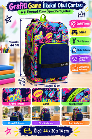 Grafiti Game İlkokul Okul Çantası Yeşil Fermuarlı Çocuk Öğrenci Sırt Çantası 44 x 30 x 14