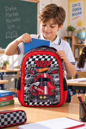 Araba Temalı Kırmızı İlkokul Çantası Çocuk Sırt Çantası Okul ve Günlük Kullanım 39x27x16