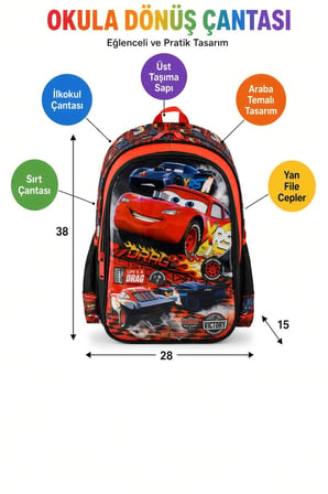 Cars Şimşek McQueen İlkokul Çantası Çocuk Sırt Çantası Araba Yarış Temalı Okul Modeli 38x28x15