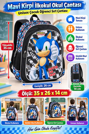 Unisex Sonic Mavi Kirpi İlkokul Okul Çantası Çocuk Öğrenci Sırt Çantası Günlük 35 x 26 x 14