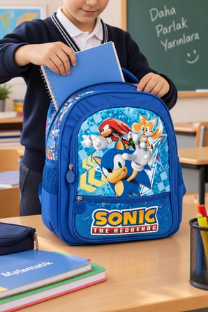 Sonic Mavi Kirpi İlkokul Okul Çantası Çocuk Öğrenci Sırt Çantası Karakter Temalı 37 x 27 x 19