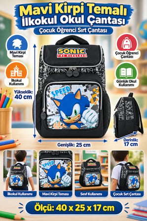 Sonic Mavi Kirpi İlkokul Okul Çantası Çocuk Öğrenci Sırt Çantası Günlük Kullanım 40 x 25 x 17