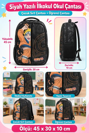 Naruto Yazılı Siyah İlkokul Okul Çantası Çocuk Sırt Çantası Öğrenci Çantası 45 x 30 x 10 cm
