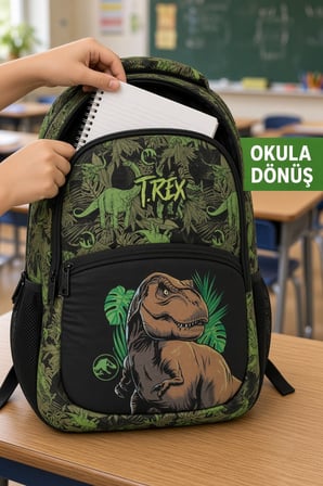 T-Rex Dinozor İlkokul Okul Çantası 3 Bölmeli Yeşil Çocuk Sırt Çantası 40 x 30 x 15 cm