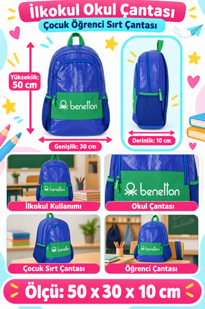 Benetton İlkokul Okul Çantası Çocuk Öğrenci Sırt Çantası Okul Kullanımı 50 x 30 x 10 cm