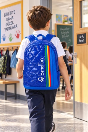 Benetton Saks Mavi İlkokul Çantası Çift Bölmeli Laptop Bölmeli Okul Sırt Çantası 43x30x17 cm