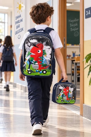 Sevimli Dinozor Simli İlkokul Çantası 2'li Set Sırt Çantası ve Beslenme Çantası 38x25x20 cm