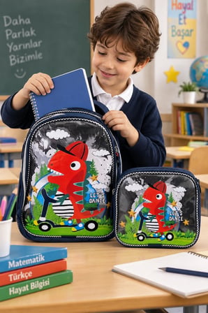 Sevimli Dinozor Simli İlkokul Çantası 2'li Set Sırt Çantası ve Beslenme Çantası 38x25x20 cm