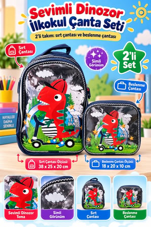 Sevimli Dinozor Simli İlkokul Çantası 2'li Set Sırt Çantası ve Beslenme Çantası 38x25x20 cm