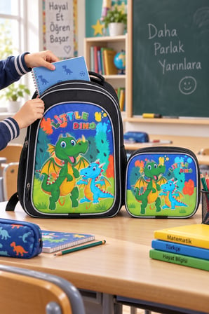 Dinozor Lüks Simli 2'li Set İlkokul Okul Çantası ve Beslenme Çantası Sırt Çantası 40 x 27 x 15
