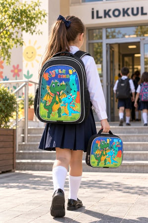 Dinozor Lüks Simli 2'li Set İlkokul Okul Çantası ve Beslenme Çantası Sırt Çantası 40 x 27 x 15