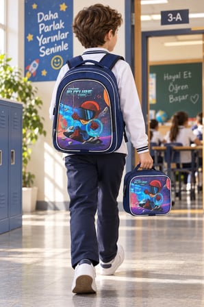 Kaykay Uzay İlkokul Okul Çantası Beslenme Çantası Sırt Çantası Simli 2'li Set 40 x 27 x 15 cm