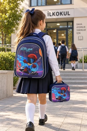 Kaykay Uzay İlkokul Okul Çantası Beslenme Çantası Sırt Çantası Simli 2'li Set 40 x 27 x 15 cm