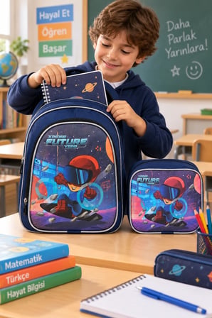 Kaykay Uzay İlkokul Okul Çantası Beslenme Çantası Sırt Çantası Simli 2'li Set 40 x 27 x 15 cm