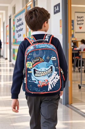 Köpekbalığı Deniz Canlısı Shark Sırt Çantası İlkokul Öğrenci Okul Çantası 42 x 30 x 18 cm