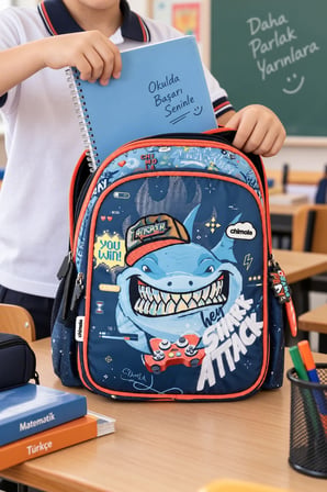 Köpekbalığı Deniz Canlısı Shark Sırt Çantası İlkokul Öğrenci Okul Çantası 42 x 30 x 18 cm