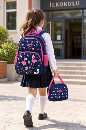 Pembe Flamingo 2'li Set İlkokul Okul Çantası Beslenme Çantası Çocuk Sırt Çantası 37 x 26 x 20