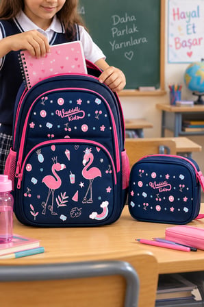 Pembe Flamingo 2'li Set İlkokul Okul Çantası Beslenme Çantası Çocuk Sırt Çantası 37 x 26 x 20