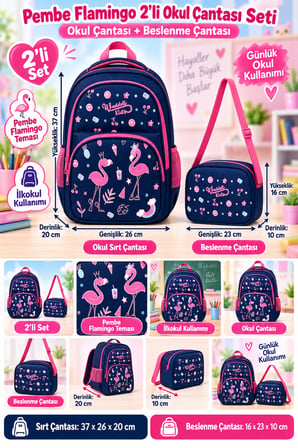 Pembe Flamingo 2'li Set İlkokul Okul Çantası Beslenme Çantası Çocuk Sırt Çantası 37 x 26 x 20