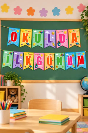 Okulda İlk Günüm Kırlangıç Banner Süs 17 x 170 cm Okula Dönüş Sınıf Pano Fotoğraf Alanı Dekoru