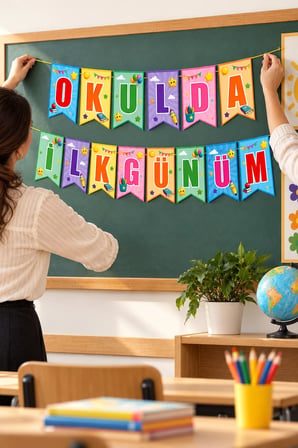 Okulda İlk Günüm Kırlangıç Banner Süs 17 x 170 cm Okula Dönüş Sınıf Pano Fotoğraf Alanı Dekoru