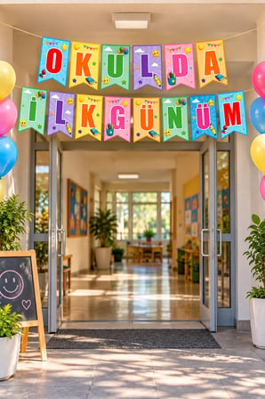 Okulda İlk Günüm Kırlangıç Banner Süs 17 x 170 cm Okula Dönüş Sınıf Pano Fotoğraf Alanı Dekoru