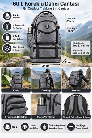 Dağcı Çantası Gri 60 L Körüklü Outdoor Trekking Sırt Çantası 63x37x21 cm