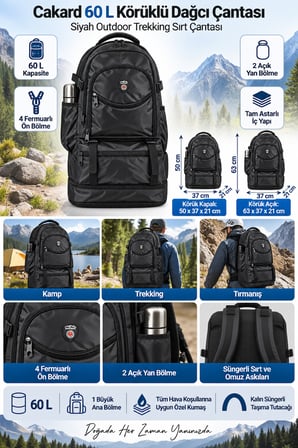 Cakard Siyah 60 L Körüklü Dağcı Sırt Çantası Outdoor Trekking 63x37x21 cm