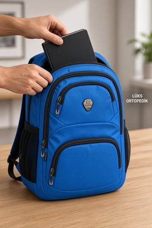 Çivit Mavi Lüks Ortopedik USB ve Powerbank Girişli Sırt Çantası 45 x 30 x 15 cm