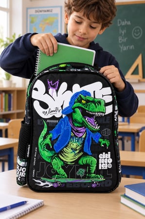 Kaykay Dinozor İlkokul Okul Çantası Çocuk Öğrenci Sırt Çantası Skateboard Dino 42 x 30 x 18