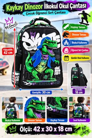 Kaykay Dinozor İlkokul Okul Çantası Çocuk Öğrenci Sırt Çantası Skateboard Dino 42 x 30 x 18