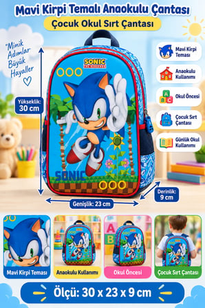 Sonic Mavi Kirpi Anaokulu Okul Çantası Çocuk Sırt Çantası Günlük Kullanım 30 x 23 x 9