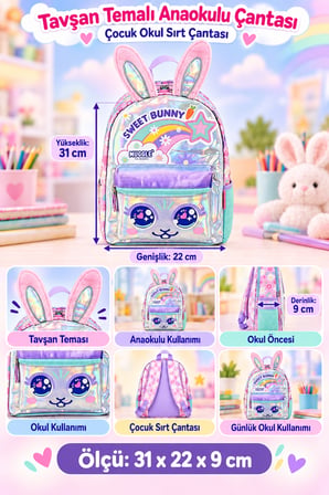 Tavşan Bunny Anaokulu Okul Çantası Çocuk Sırt Çantası Okul Öncesi Günlük Kullanım 31 x 22 x 9
