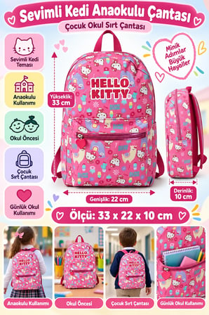Hello Kitty Anaokulu Okul Çantası Çocuk Sırt Çantası Günlük Okul Kullanımı 33 x 22 x 10 cm