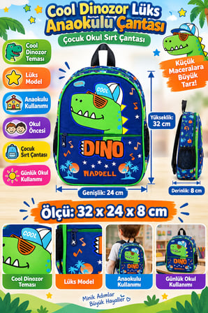 Cool Dinozor Lüks Anaokulu Okul Çantası Çocuk Sırt Çantası Okul Öncesi Kullanım 32 x 24 x 8