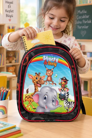Hayvanat Bahçesi Fil Maymun Zürafa Papağan Anaokulu Okul Çantası Shorty Dorty 30 x 22 x 10 cm