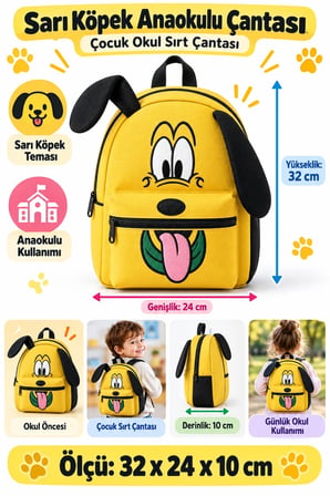 Sarı Köpek Anaokulu Okul Çantası Çocuk Sırt Çantası Okul Öncesi Günlük Kullanım 32 x 24 x 10 cm