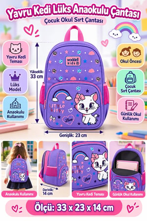 Yavru Kedi Little Kitty Lüks Anaokulu Okul Çantası Çocuk Sırt Çantası Günlük 33 x 23 x 14 cm