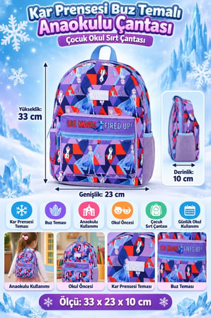 Kar Prensesi Buz Temalı Anaokulu Okul Çantası Çocuk Sırt Çantası Günlük Kullanım 33 x 23 x 10 cm